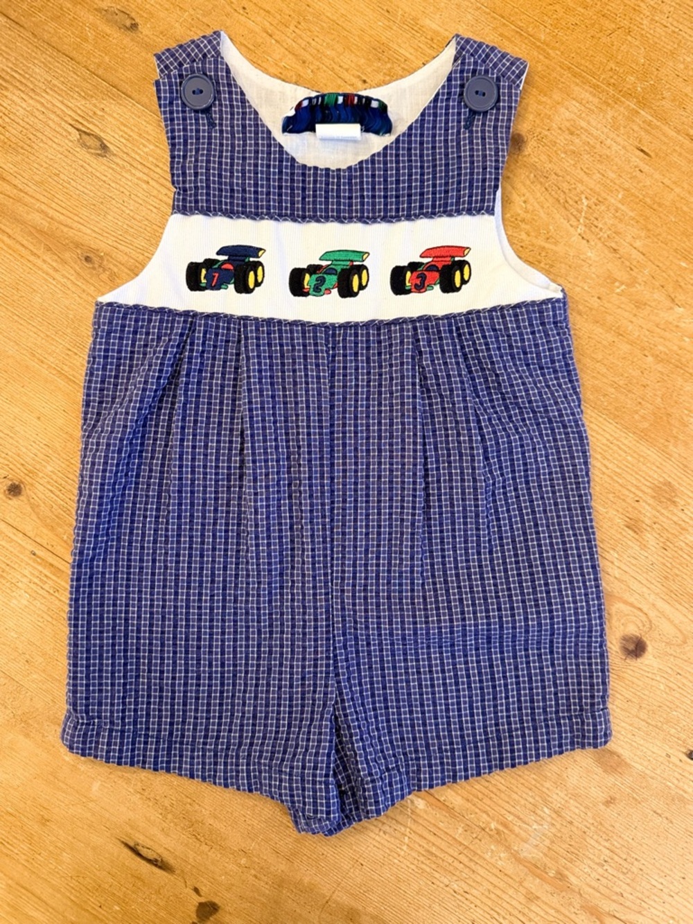 Checkered Navy Baby Romper with Race Car Patch